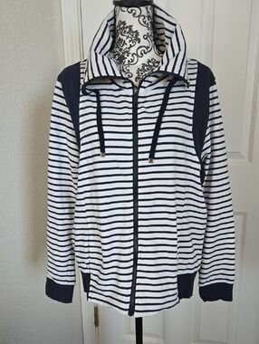 Laura Scott Navy and White Striped Zip Up with Pink Trim
